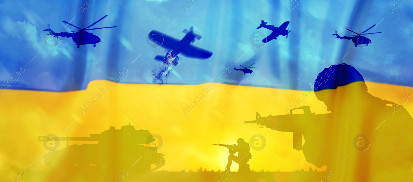 Image of Silhouettes of soldiers and Ukrainian national flag, double exposure. Banner design
