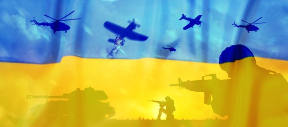 Silhouettes of soldiers and Ukrainian national flag, double exposure. Banner design
