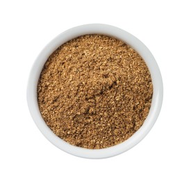 Bowl of aromatic caraway (Persian cumin) powder isolated on white, top view