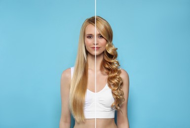 Image of Beautiful young woman with long hair before and after using curlers on light blue background, collage