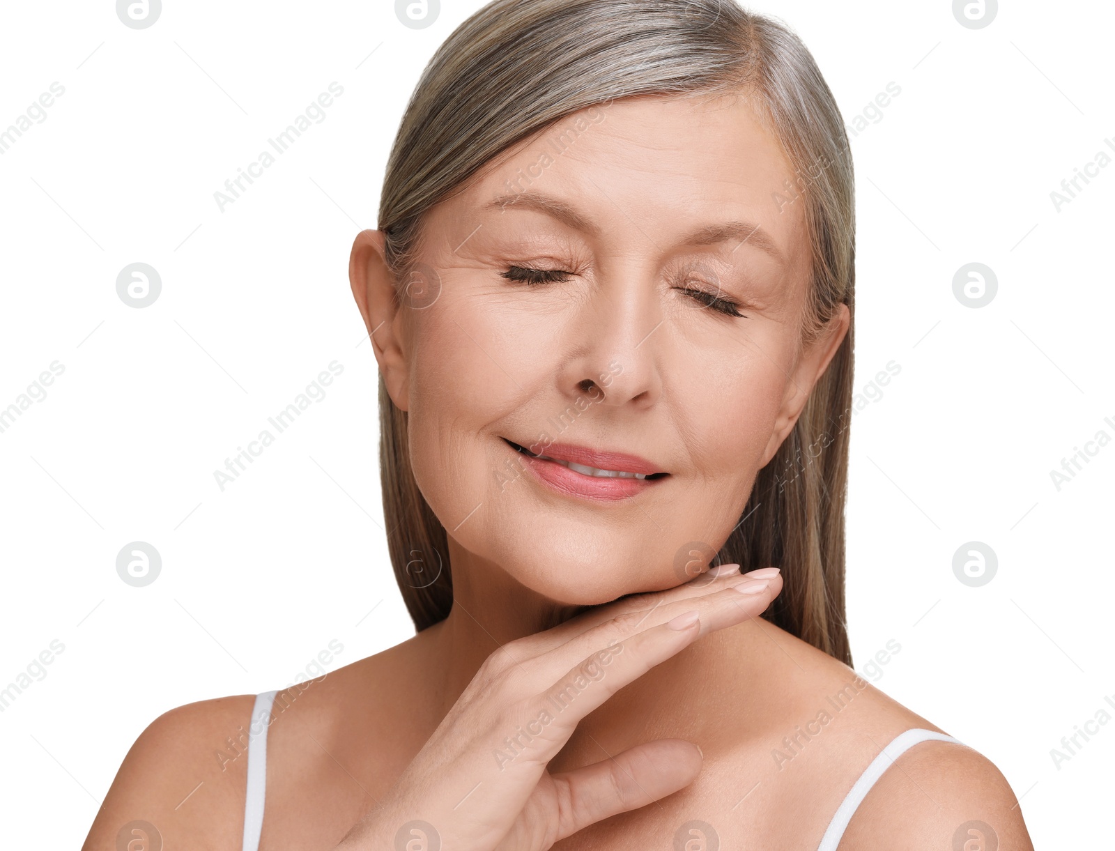 Photo of Beautiful mature woman with healthy skin on white background