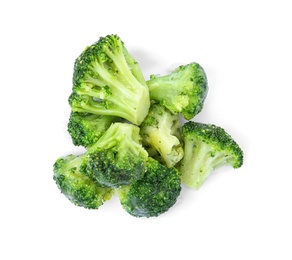 Photo of Frozen broccoli on white background. Vegetable preservation
