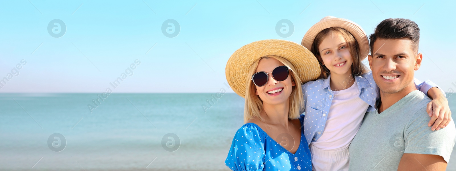 Image of Happy family at beach on sunny summer day, space for text. Banner design
