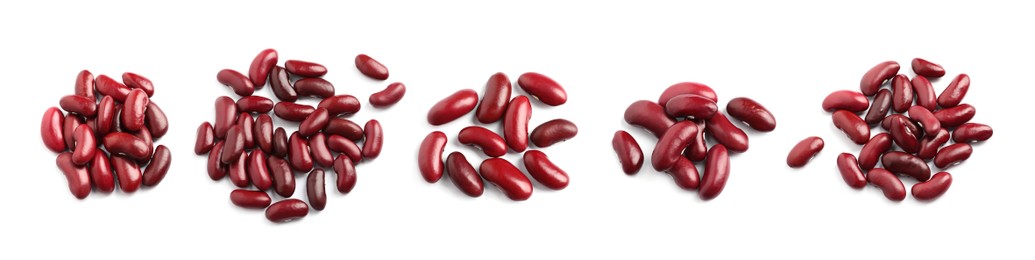 Image of Set with raw red kidney beans on white background, top view. Banner design 