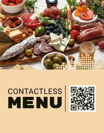 Image of Scan QR code for contactless menu. Set of different delicious appetizers served on table