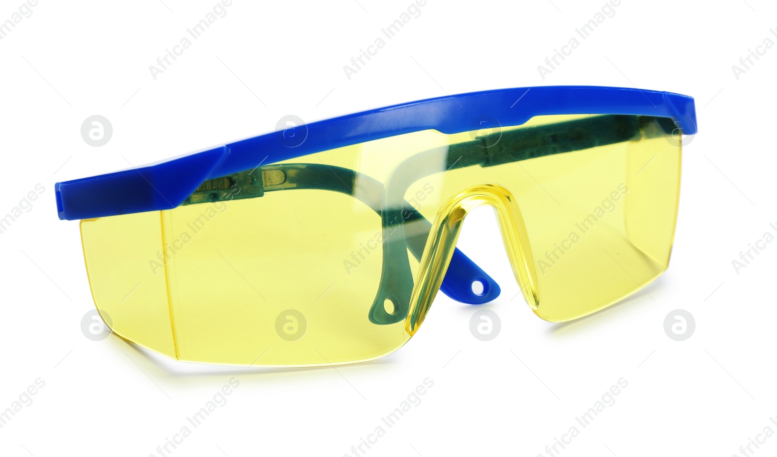 Photo of Protective goggles on white background. Safety equipment