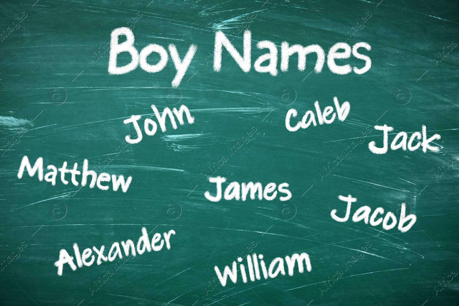 Image of Different baby names written on green chalkboard 