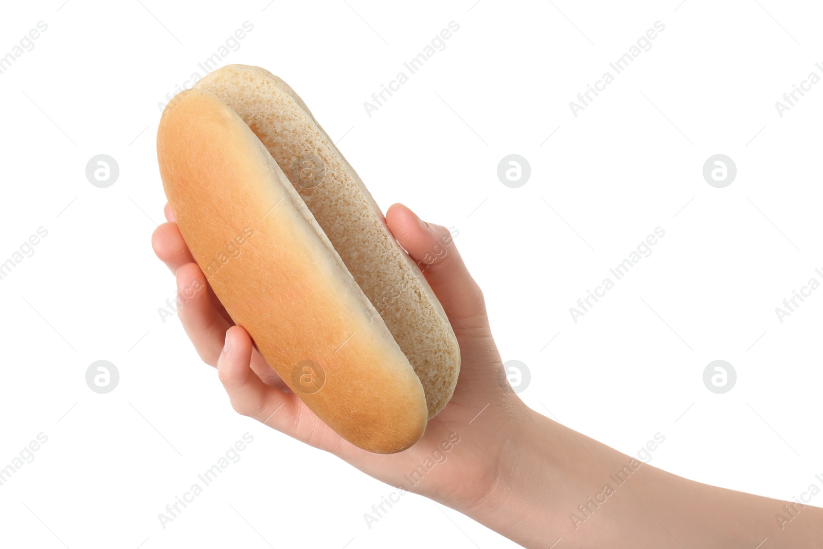 Photo of Woman with fresh hot dog bun on white background, closeup