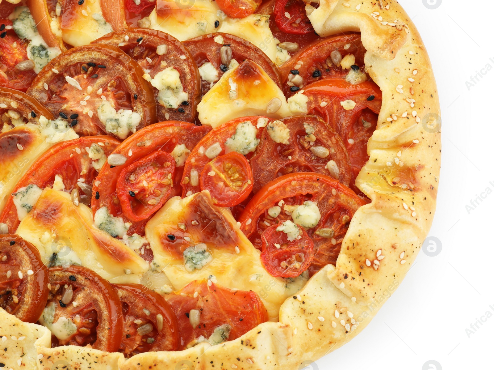 Photo of Tasty galette with tomato and cheese (Caprese galette) isolated on white, top view