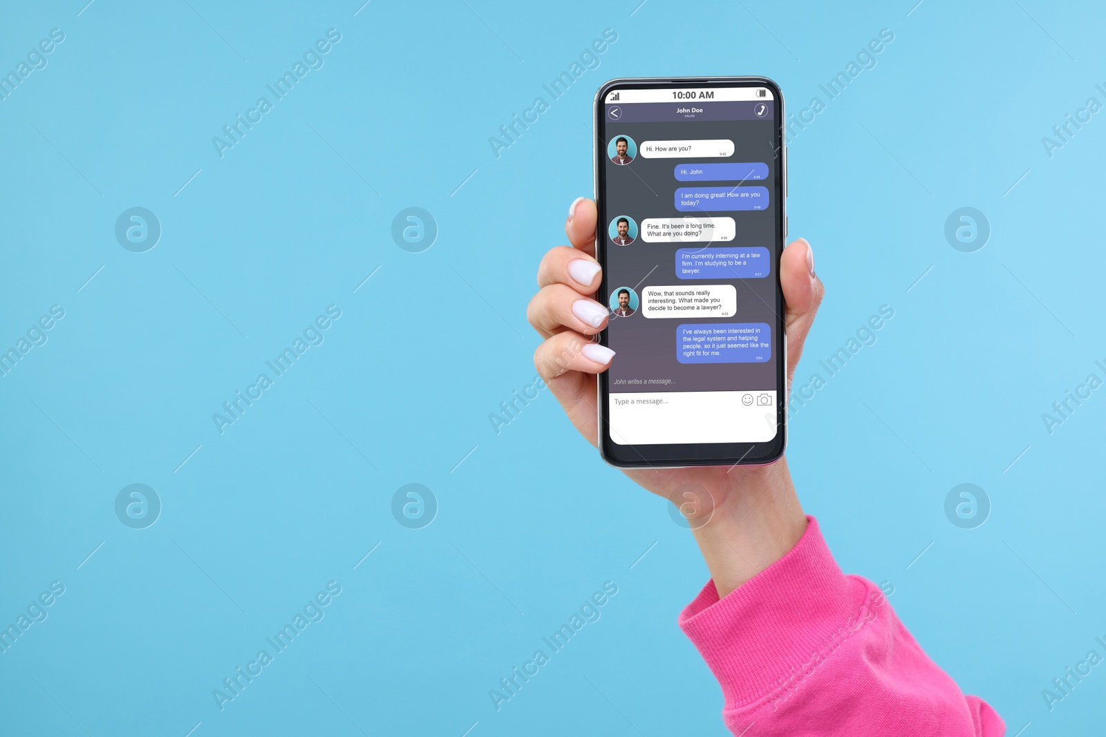 Image of Woman texting with friend using messaging application on smartphone against light blue background, closeup. Space for text