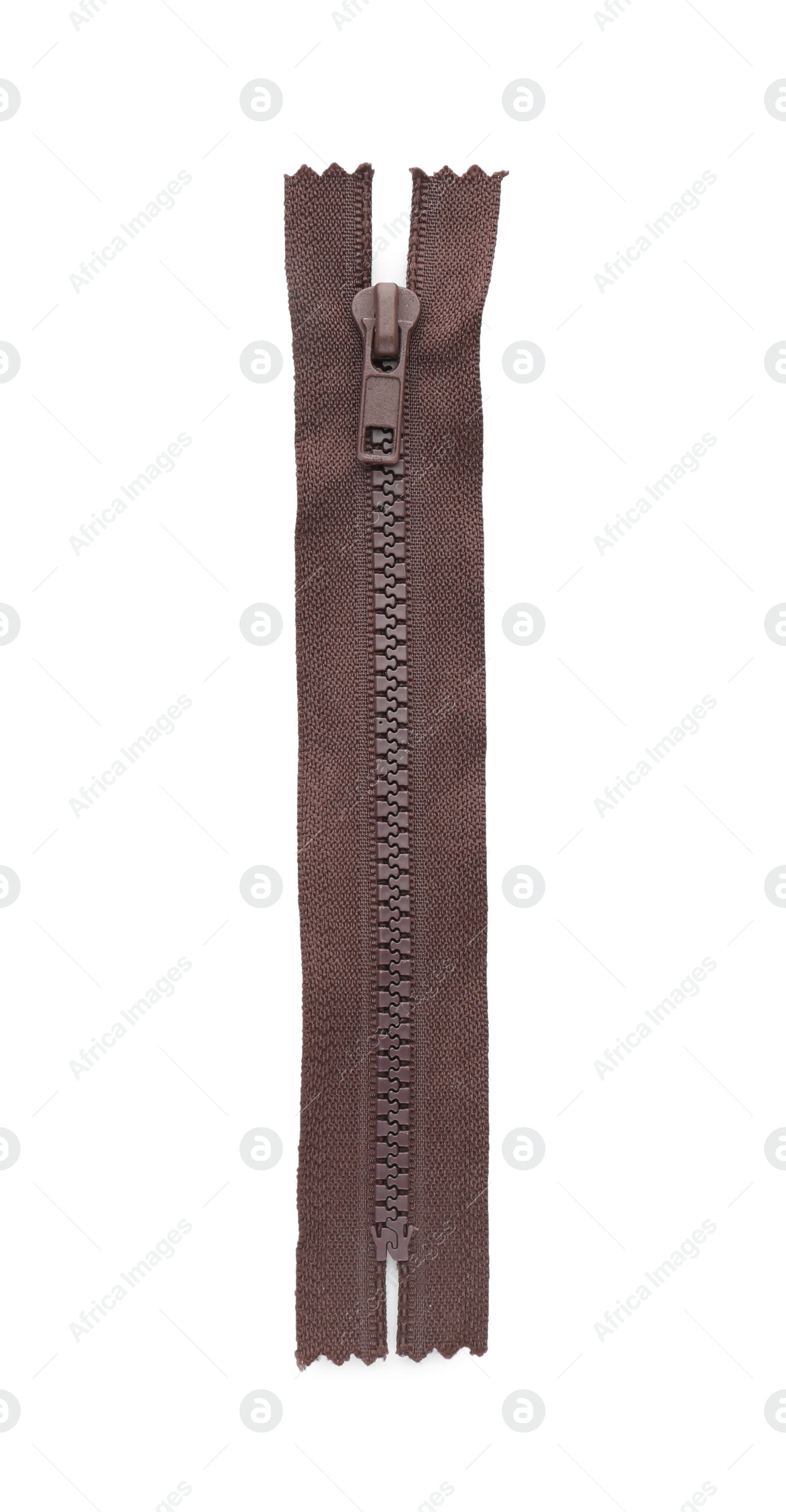 Photo of Brown zipper isolated on white, top view