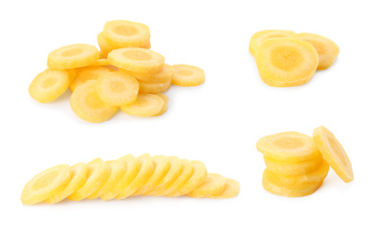 Image of Set of yellow carrot slices on white background, banner design 