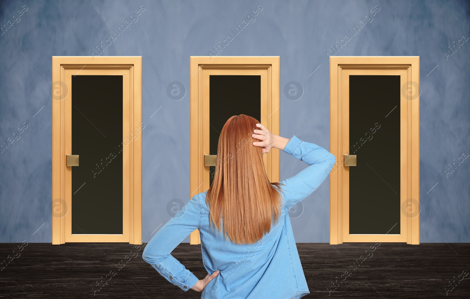 Image of Woman standing in front of similar doors. Choice concept