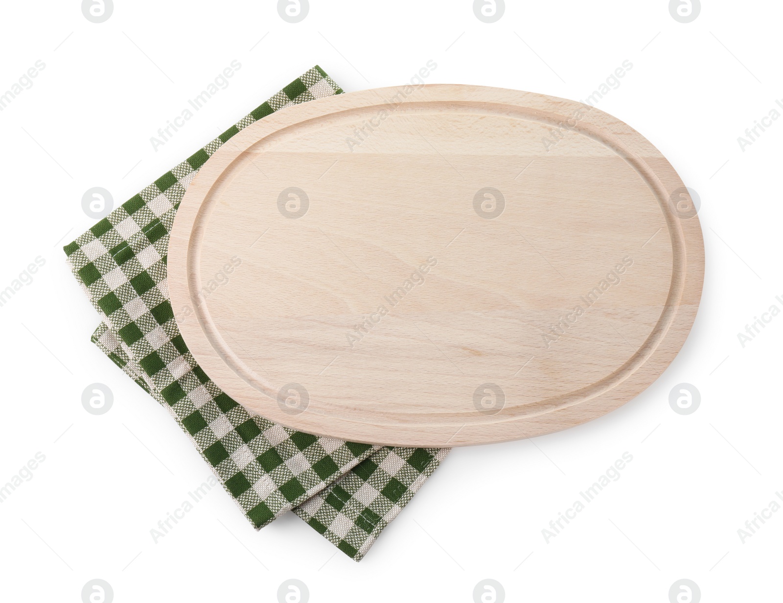 Photo of Wooden cutting board and checkered towel isolated on white, top view