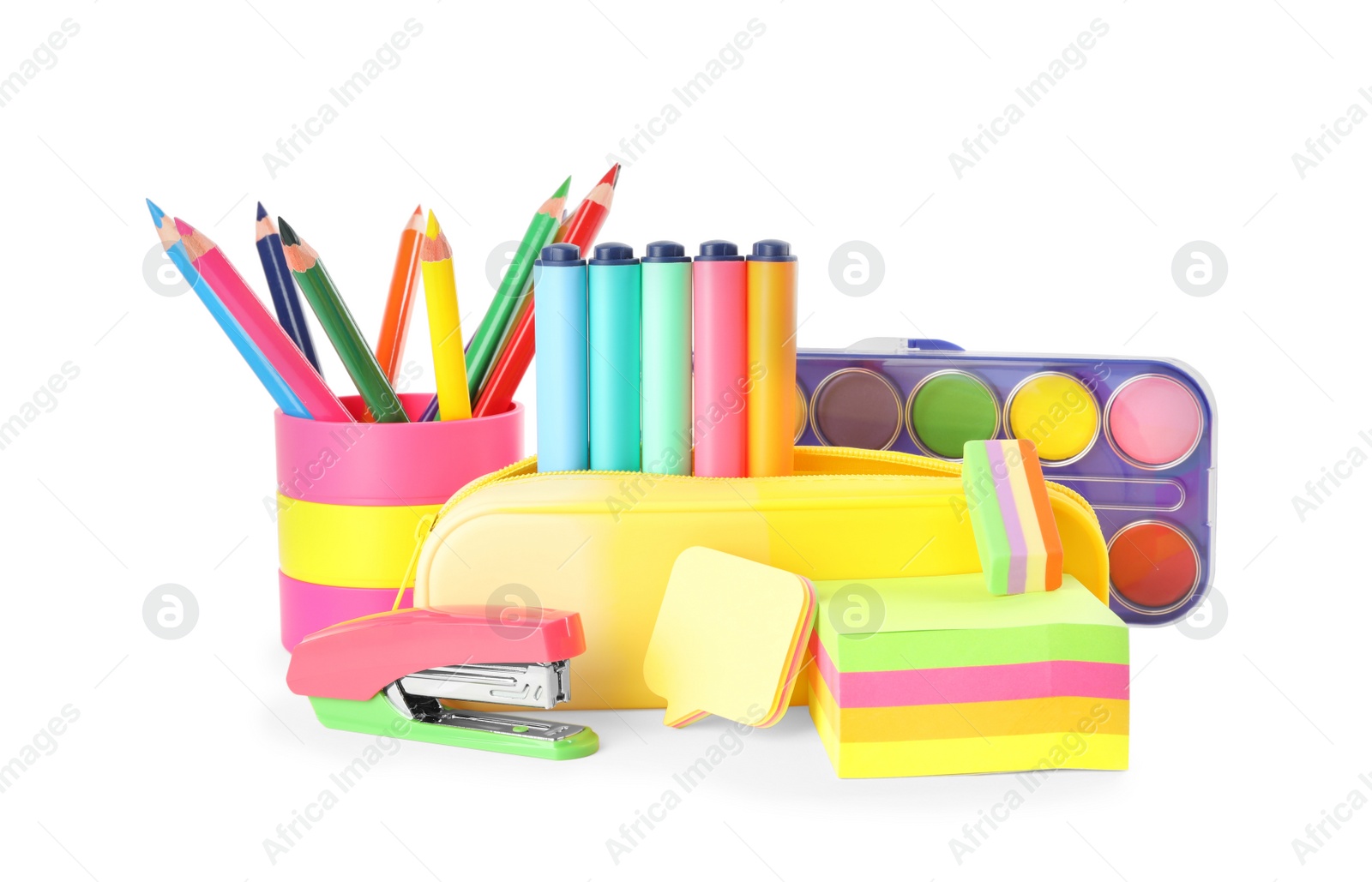 Photo of Set of different school stationery on white background