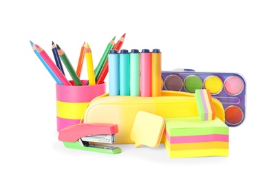 Photo of Set of different school stationery on white background