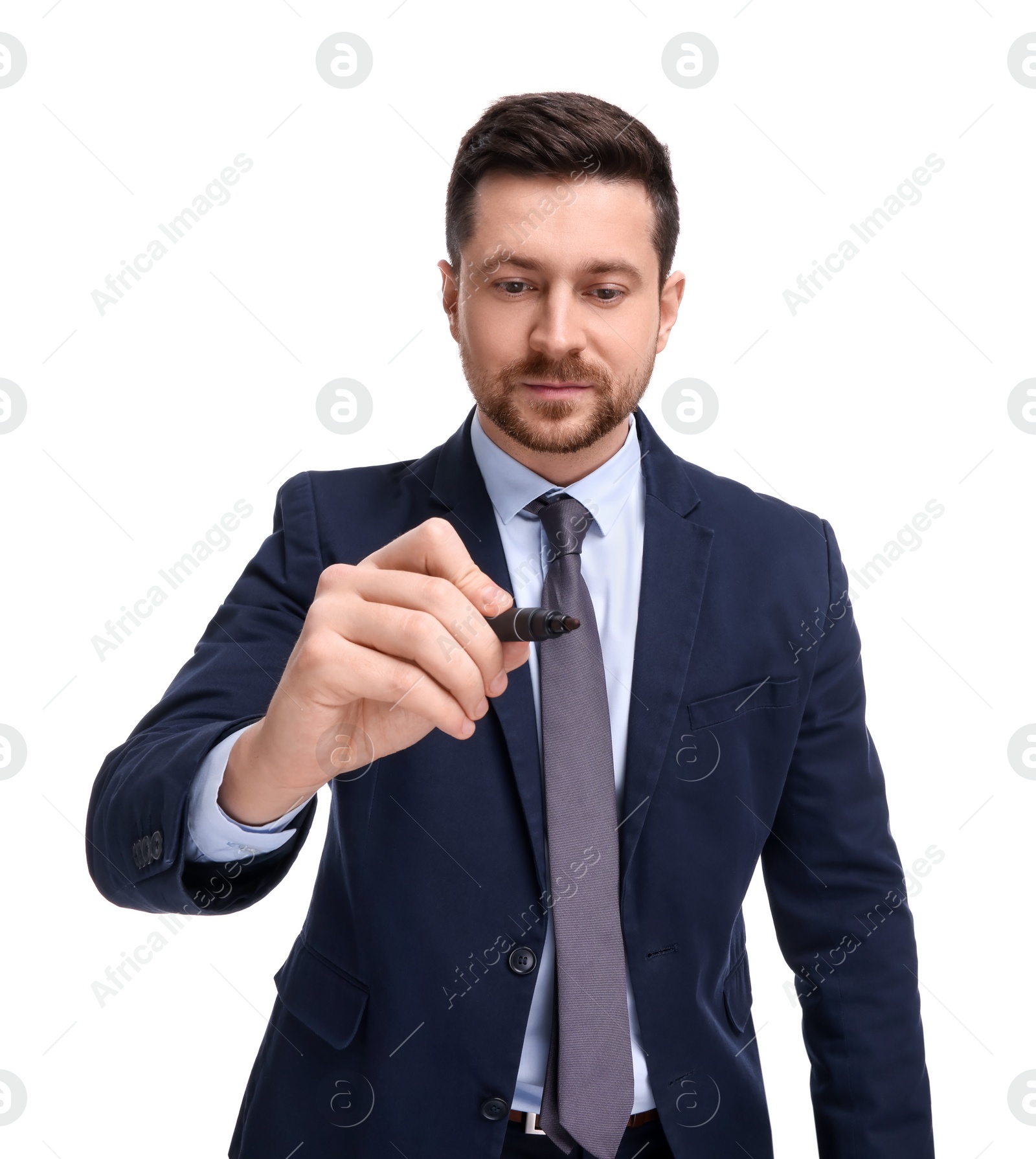 Photo of Handsome bearded businessman in suit with marker on white background