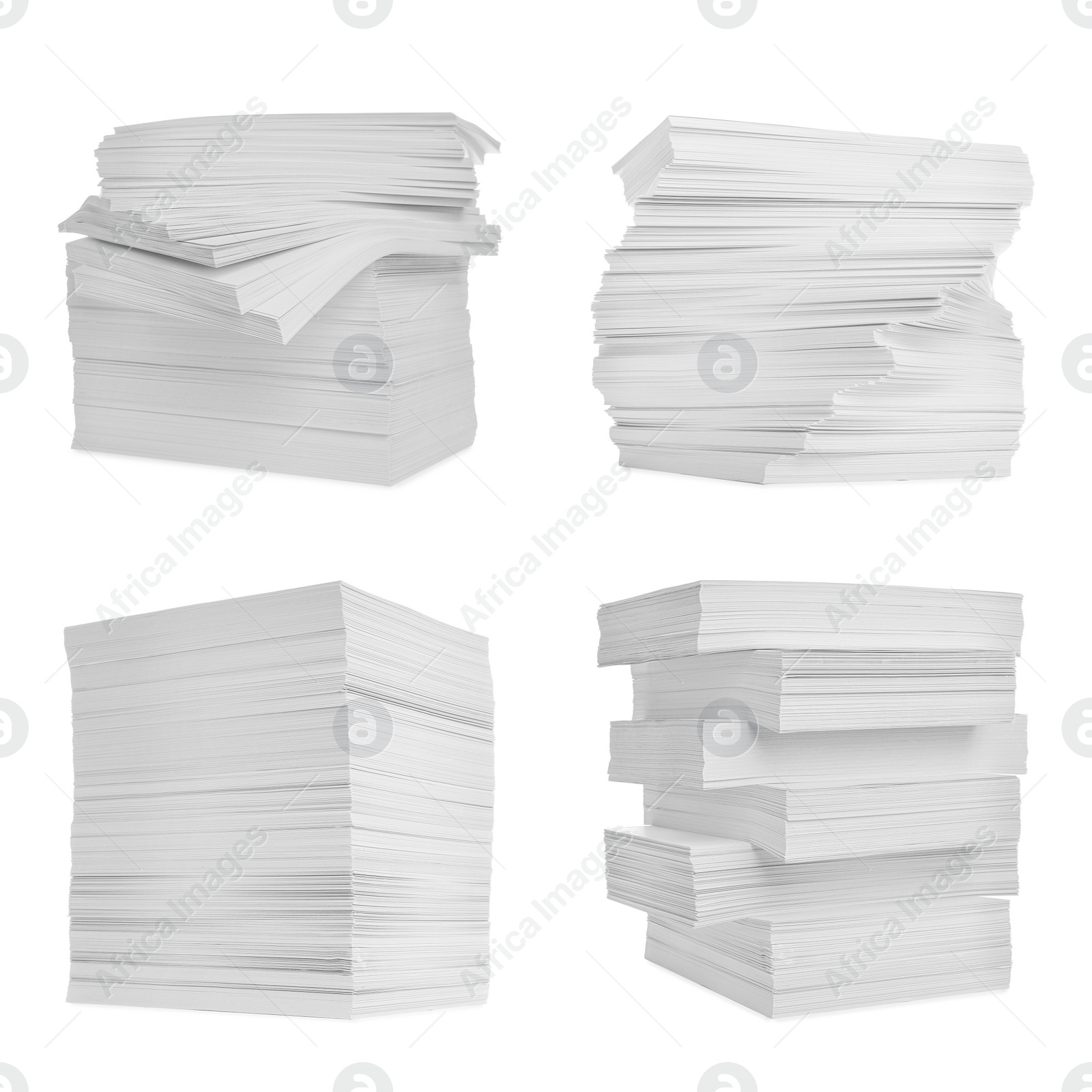 Image of Set with stacks of blank paper on white background