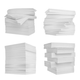 Image of Set with stacks of blank paper on white background