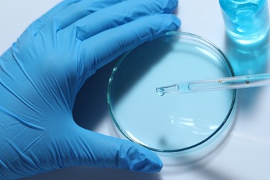 Scientist dripping liquid from pipette into petri dish at white table, top view