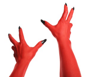 Photo of Scary monster on white background, closeup of hands. Halloween character