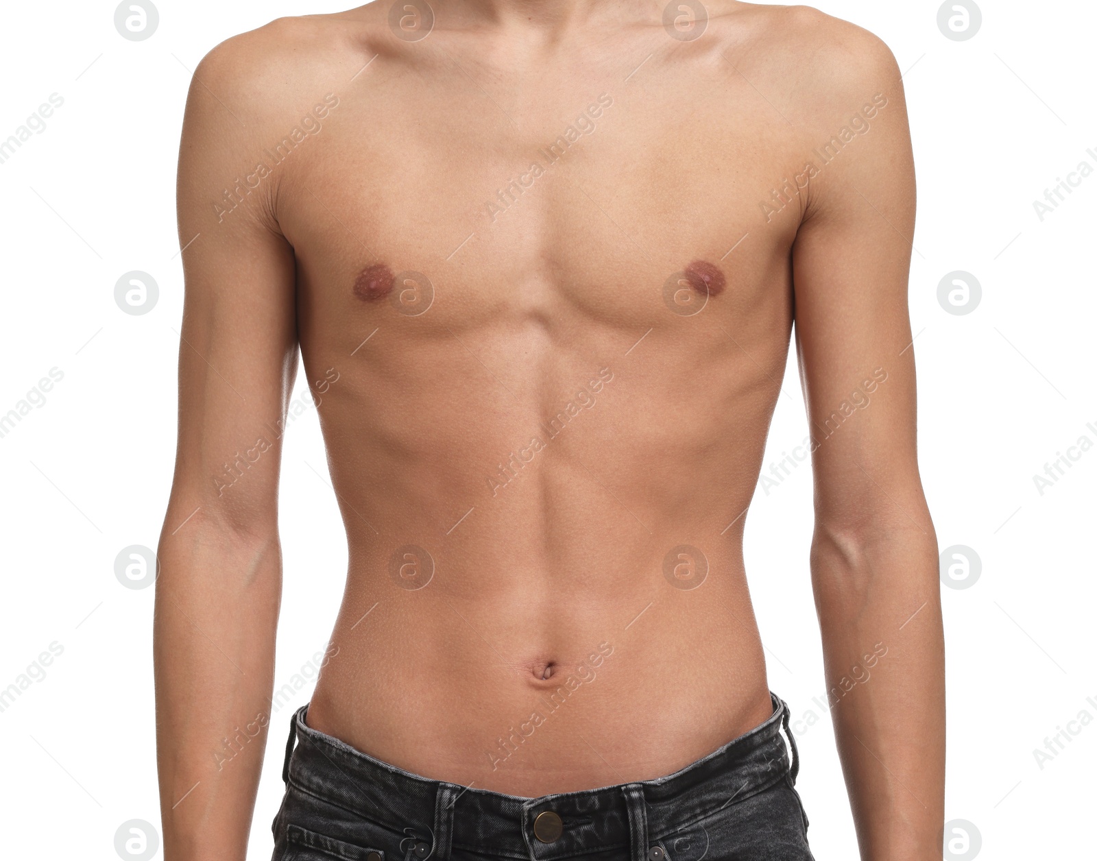 Photo of Shirtless man with slim body isolated on white, closeup