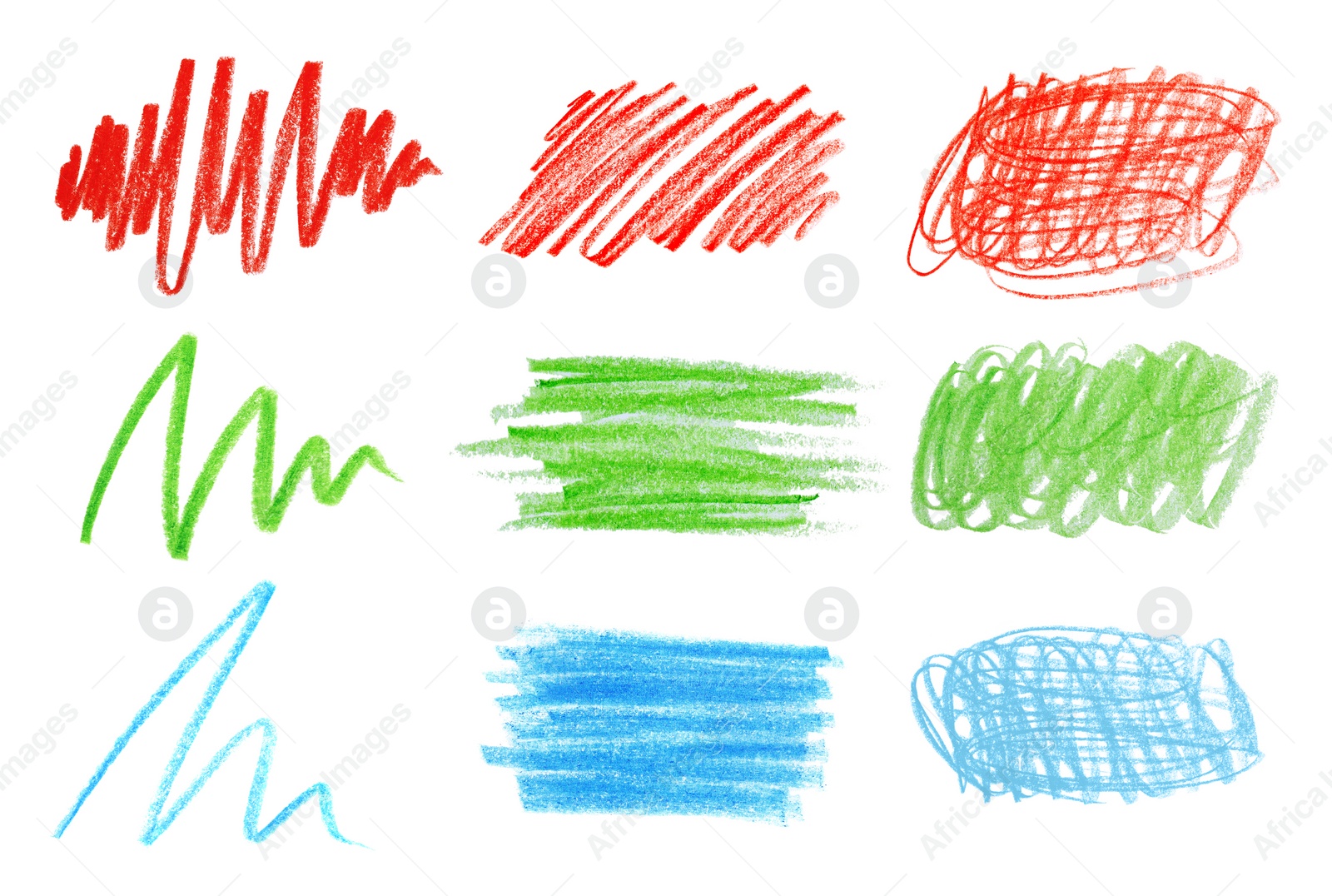 Image of Collage of color drawn pencil scribbles on white background