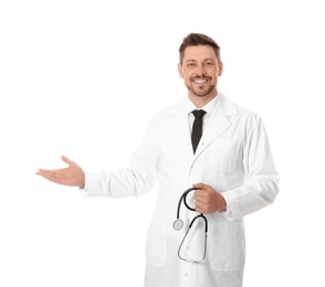 Photo of Portrait of smiling male doctor isolated on white. Medical staff