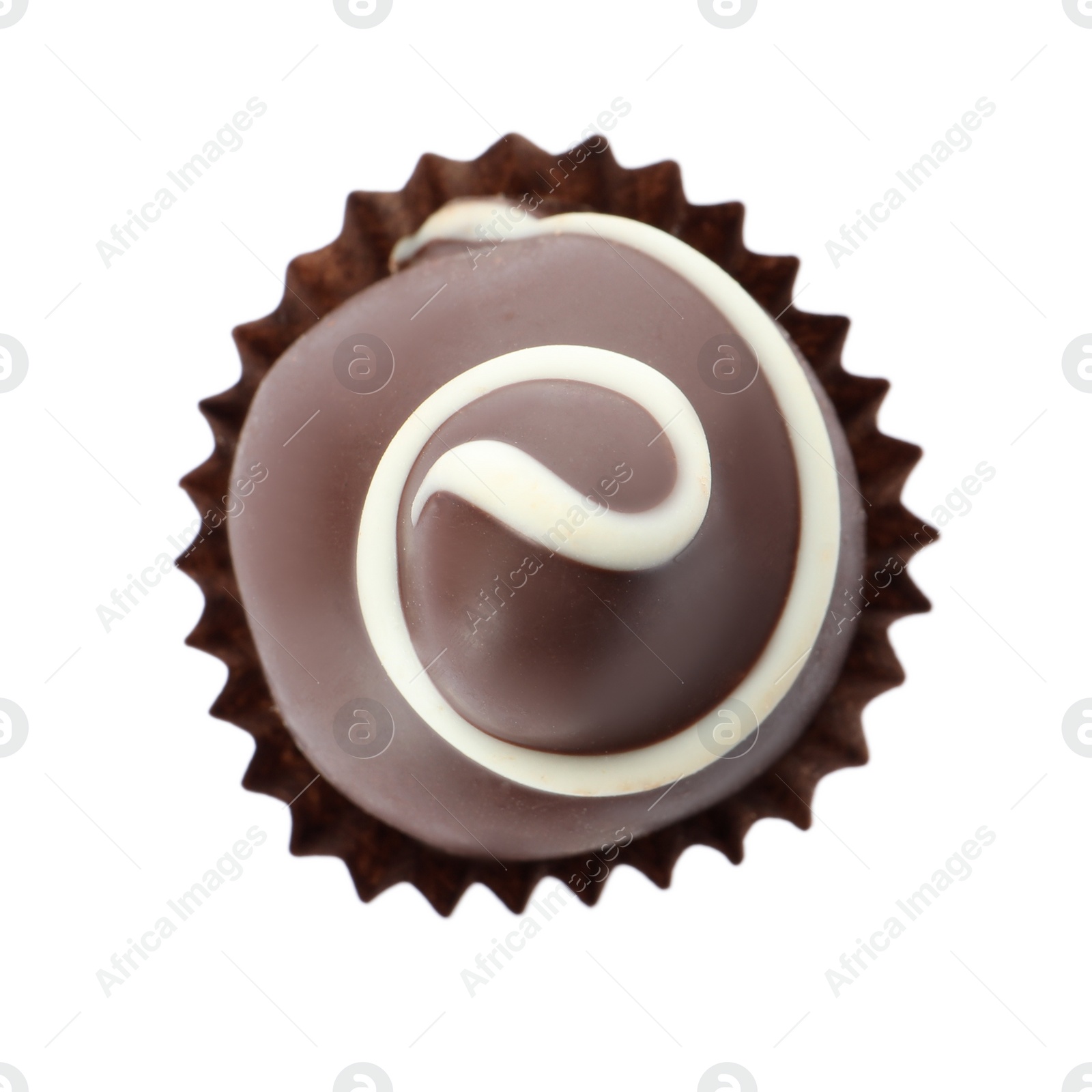 Photo of Delicious sweet chocolate truffle isolated on white, top view