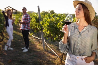 Beautiful young woman with glass of wine and her friends in vineyard on sunny day