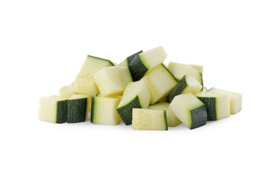 Pieces of ripe zucchini on white background