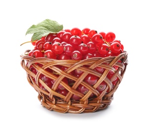 Delicious ripe red currants in bowl isolated on white