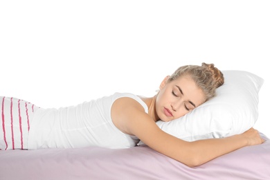 Beautiful woman sleeping with comfortable pillow on bed against white background