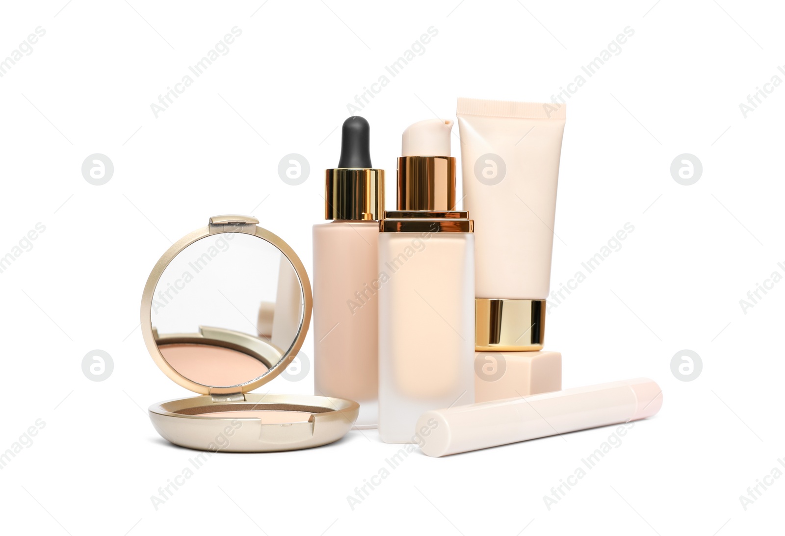 Photo of Many different decorative cosmetic products isolated on white