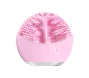 Photo of Modern electric face cleansing brush isolated on white, top view. Cosmetics tool