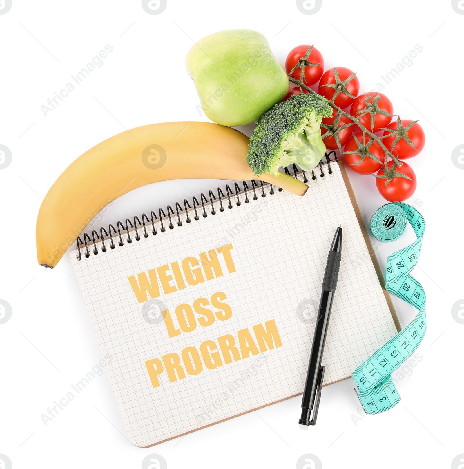 Photo of Notebook with phrase Weight Loss Program, measuring tape and products on white background, top view