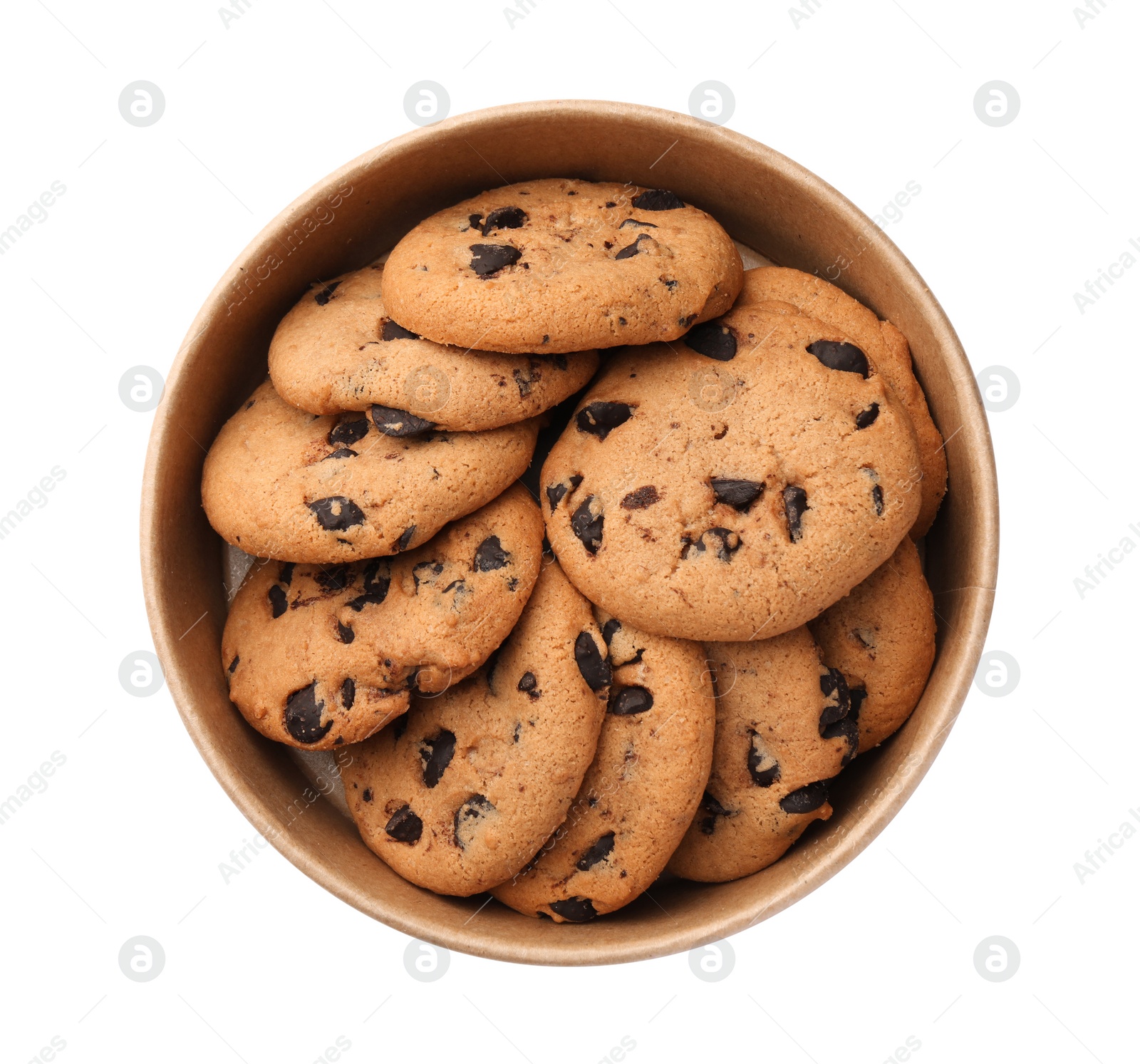 Photo of Delicious chocolate chip cookies in bowl isolated on white, top view