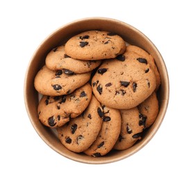 Photo of Delicious chocolate chip cookies in bowl isolated on white, top view