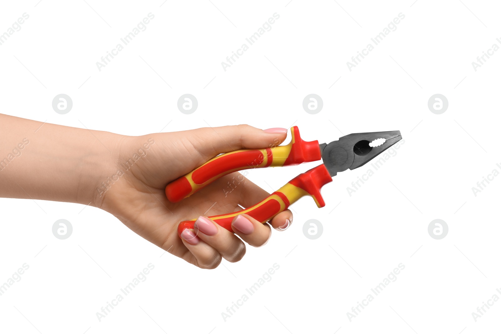 Photo of Woman with combination pliers on white background, closeup