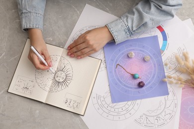 Photo of Astrologer using zodiac wheel for fate forecast at table, top view. Fortune telling