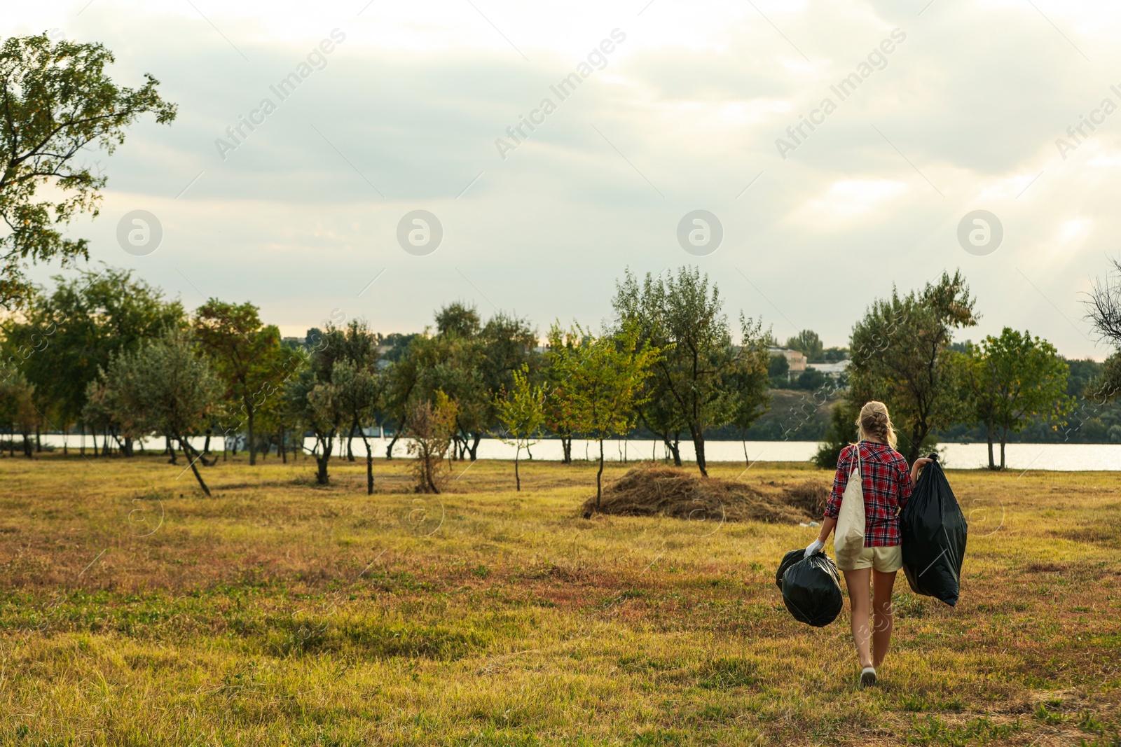 Photo of Woman with trash bags full of garbage outdoors, back view. Space for text