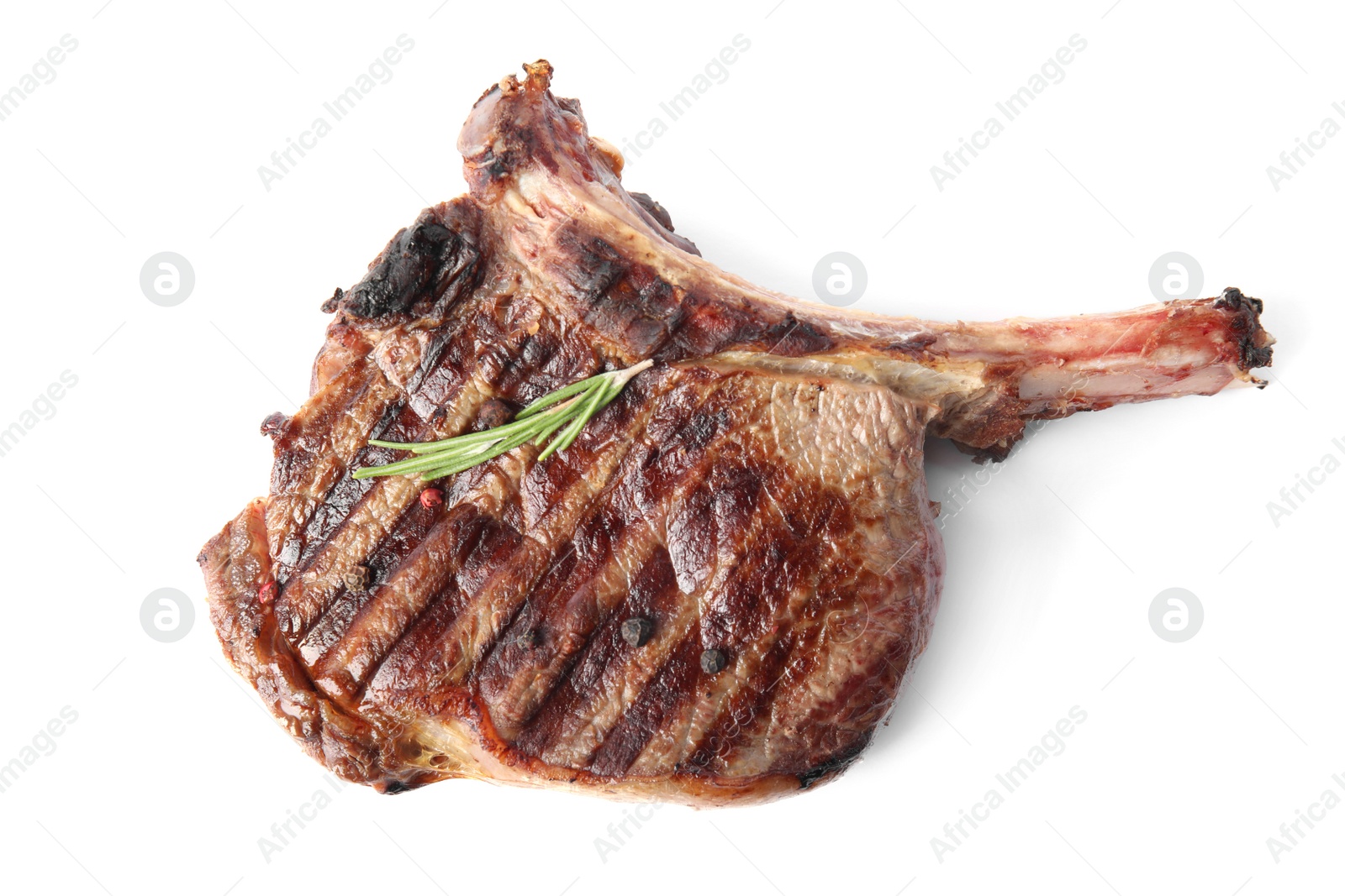 Photo of Delicious grilled beef steak with rosemary isolated on white, top view