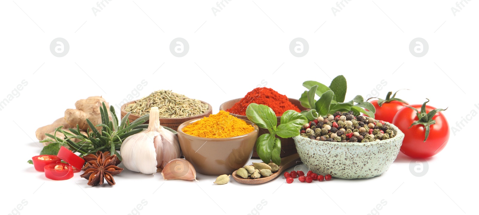 Photo of Different fresh herbs with aromatic spices on white background