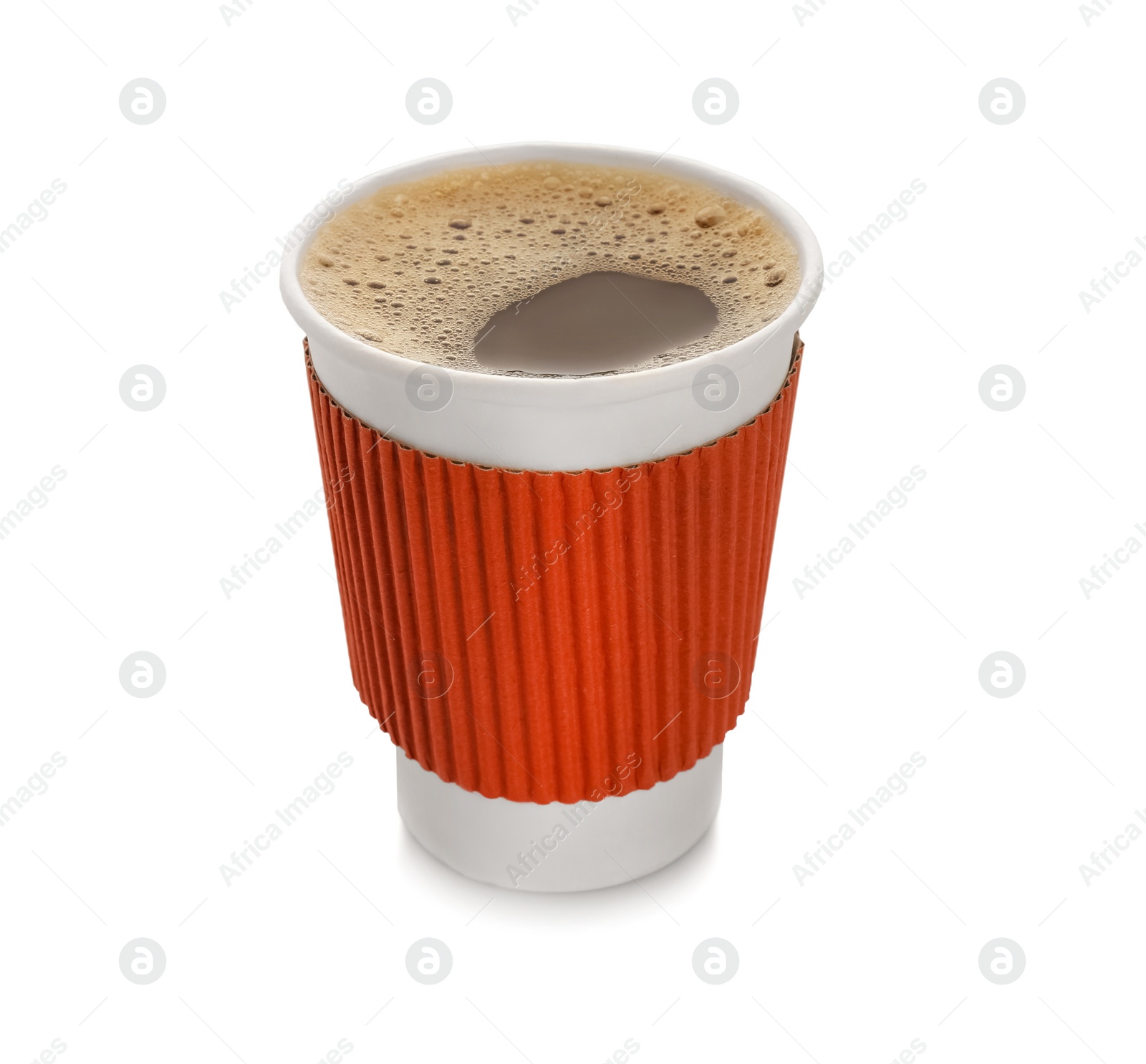 Photo of Aromatic coffee in takeaway paper cup with cardboard sleeve on white background