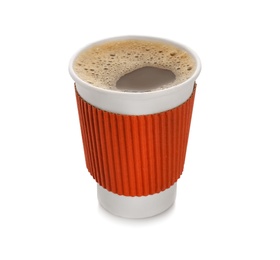 Aromatic coffee in takeaway paper cup with cardboard sleeve on white background