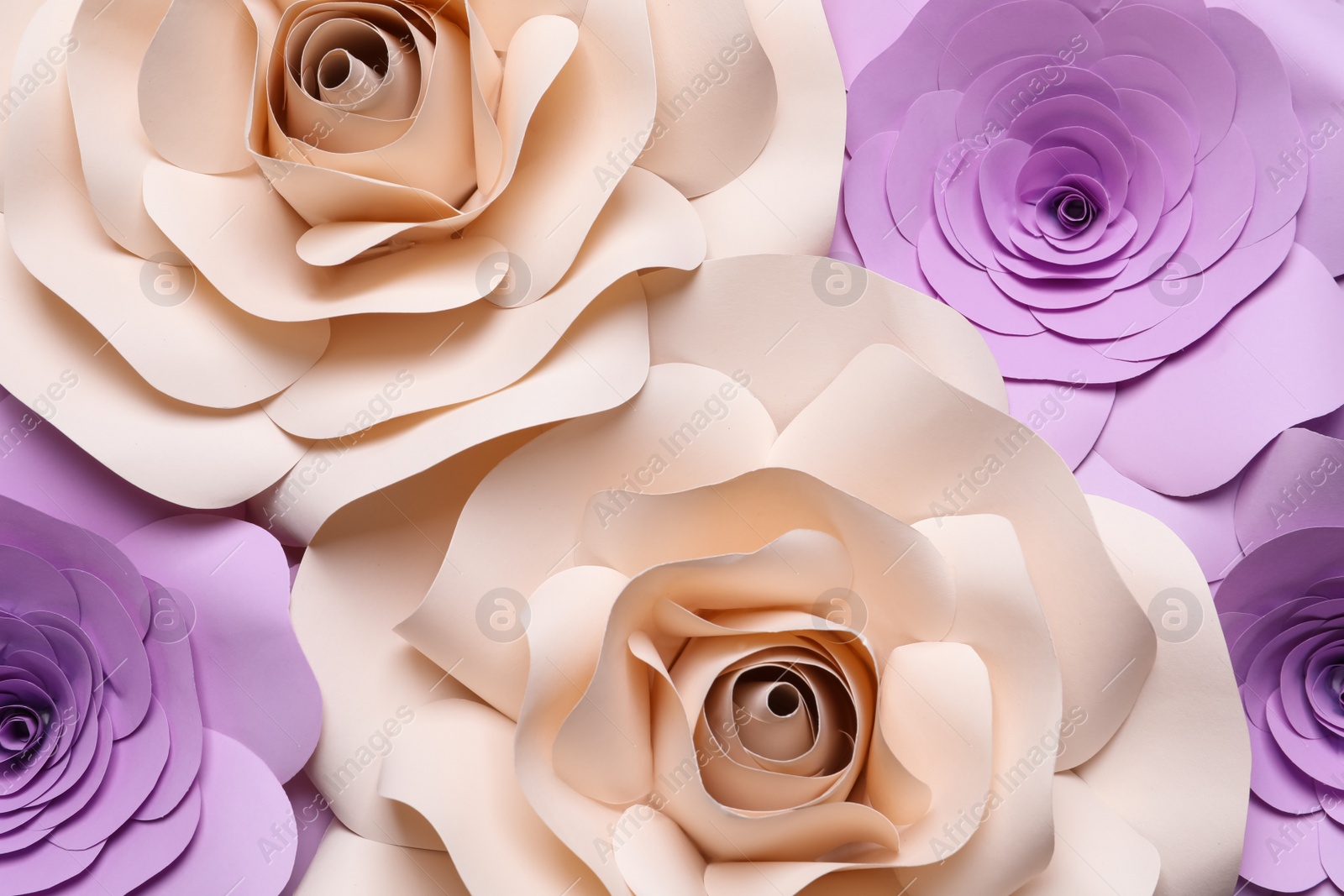 Photo of Different beautiful flowers made of paper as background, top view