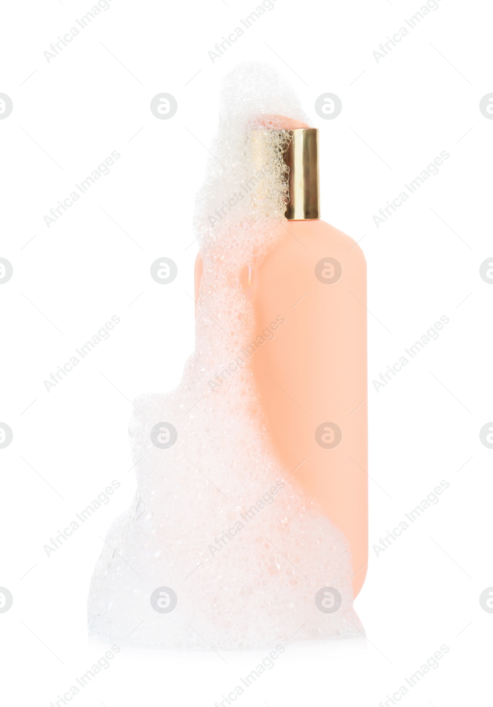 Photo of Bottle of bubble bath with foam isolated on white