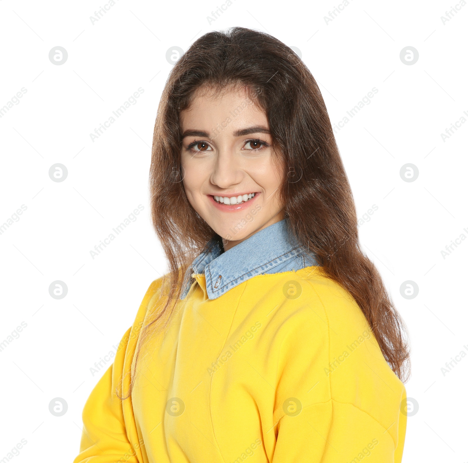 Photo of Beautiful young woman in stylish clothes on white background