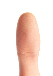 Man scanning fingerprint on white background, closeup