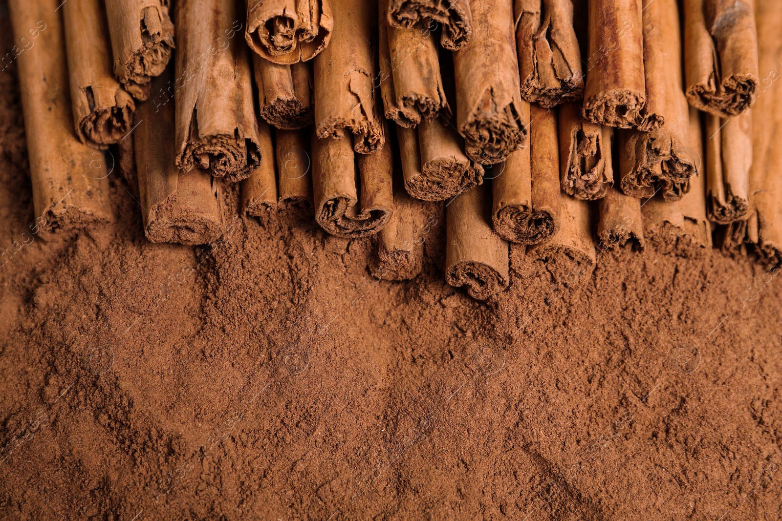 Photo of Cinnamon sticks on powder, above view. Space for text